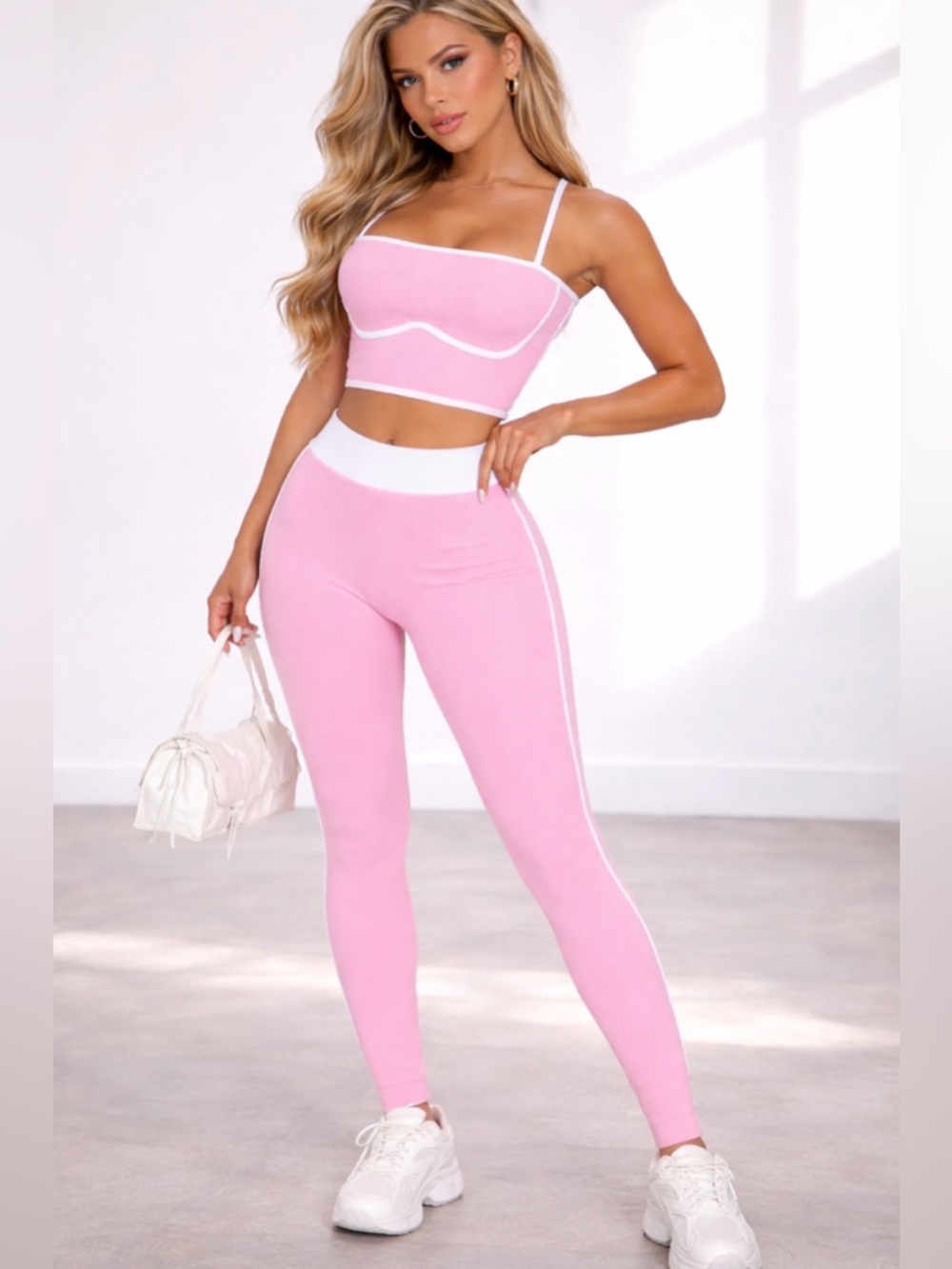Pink Two-Piece Ribbed Crop Top & Leggings Set